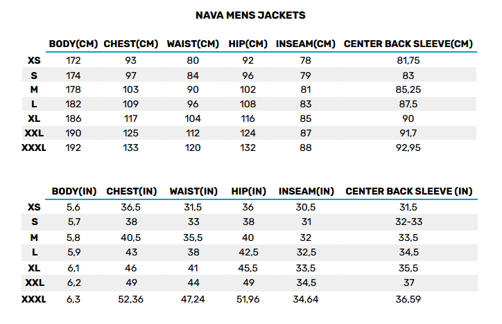 2025 NAVA MENS JACKETS 0 Size Chart